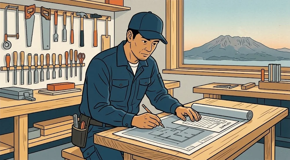 作業場で見積書を書く工務店の職人