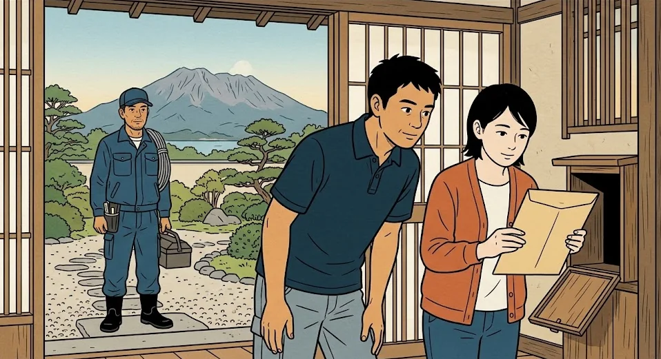 届いた通知の封筒を確かめる夫婦と、待っている職人