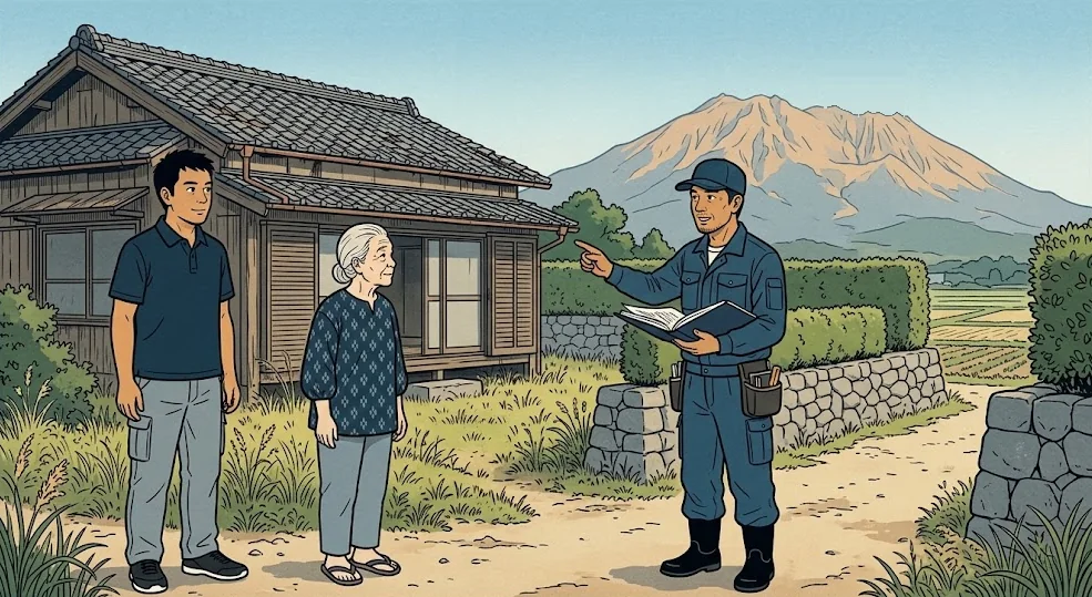 集落の古い空き家の前で、職人が書類を見せて夫とおばあちゃんに説明する