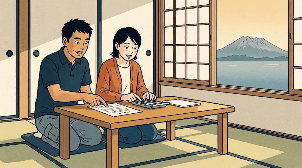 茶の間の座卓で見積書と電卓を見比べる夫婦
