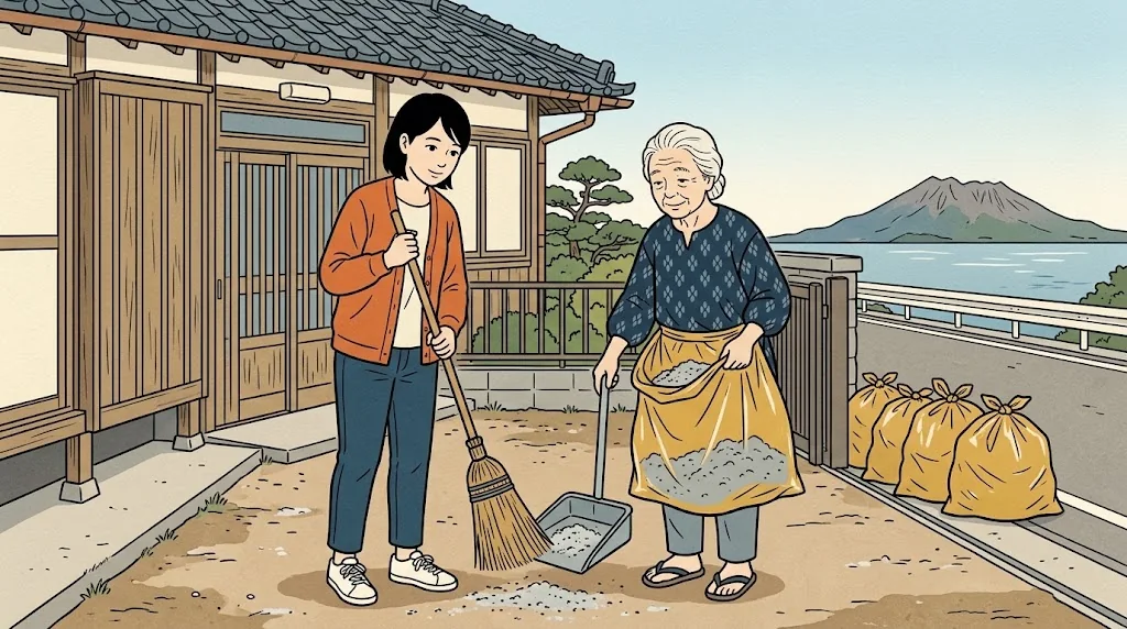 庭の灰を集めて克灰袋に入れる家族