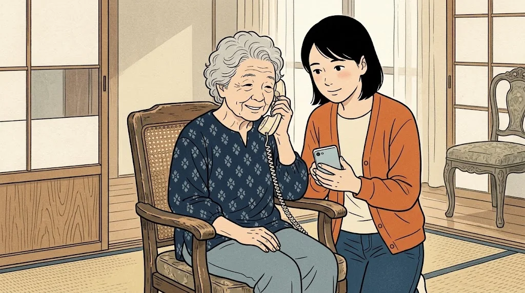 電話で粗大ごみを申し込むおばあちゃんと、スマホで手伝う妻