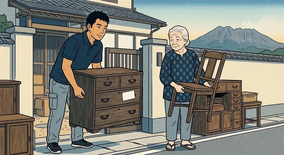 たんすと椅子を家の前に出す家族